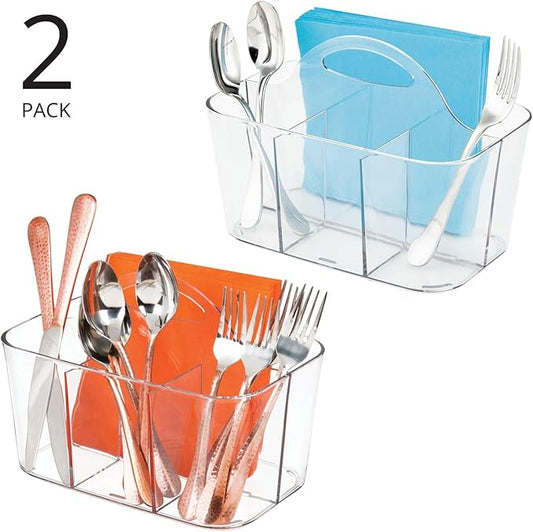 mDesign Plastic Cutlery Storage Organizer Caddy Bin Tote with Handle - Kitchen Cabinet Divided Pantry Basket for Forks, Knives, Spoons, Napkins, Indoor/Outdoor Use, Lumiere Collection, 2 Pack - Clear