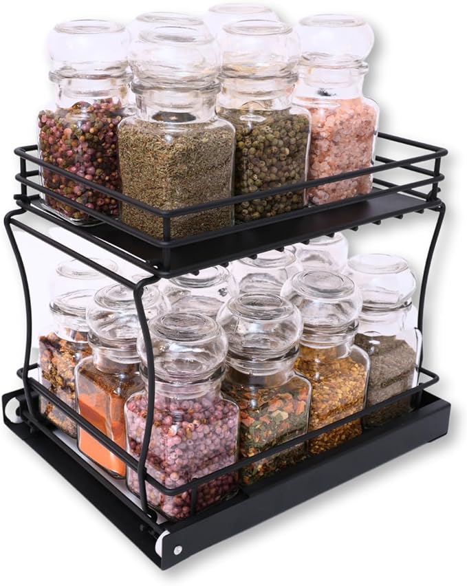 Wondersome Pull-Out Spice Rack Organizer for Cabinet Shelf - Matt Black - 2-Tier Kitchen Jars Organization and Storage Tray - EZ-Slide Rolling Drawer Wheels - Assembles in Moments - US-Based Brand