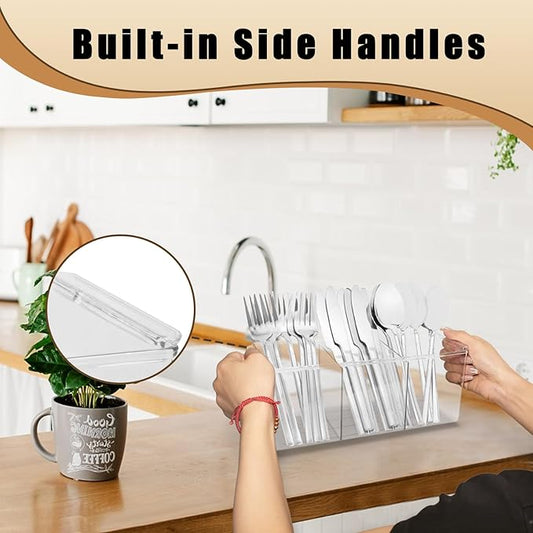 Bawuie Silverware Caddy Organizer, Utensil Caddy Holder for Forks, Knives, Spoons, Cutlery, Flatware Storage Bin with Handle for Kitchen Pantry Table Countertop Outdoor Picnic, Clear