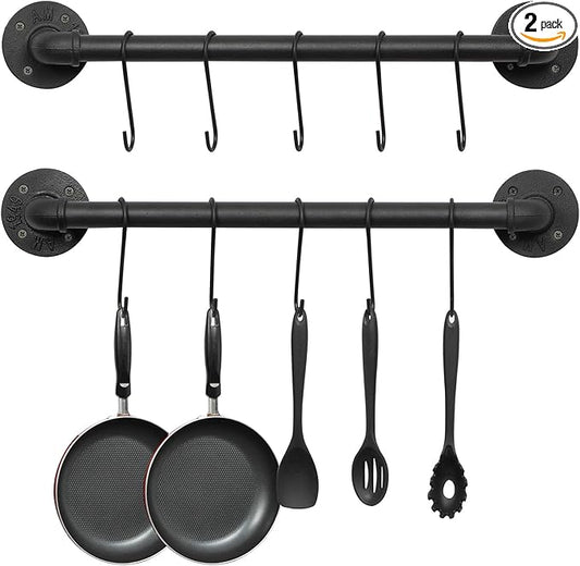 OROPY Wall Mounted Pot Pan Rack 21'' Set of 2, Industrial Utensils Wall Hanger Iron Pipe Kitchen Hanging Rail with 10 S Hooks