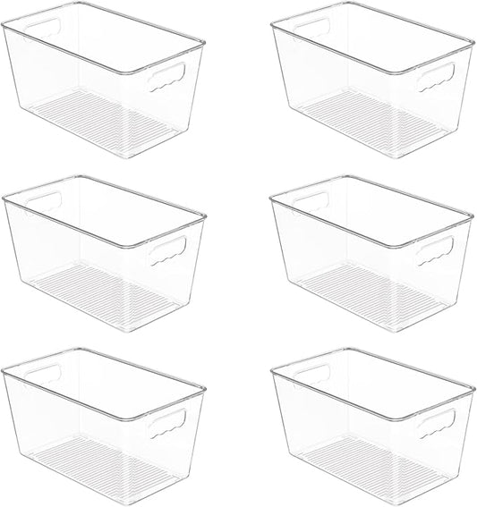 Vtopmart Clear Plastic Storage Bins, 6 PCS Pantry Organizer Bins with Handle for Refrigerator, Fridge, Cabinet, Kitchen, Countertops, Cupboard, Freezer Organization,Medium