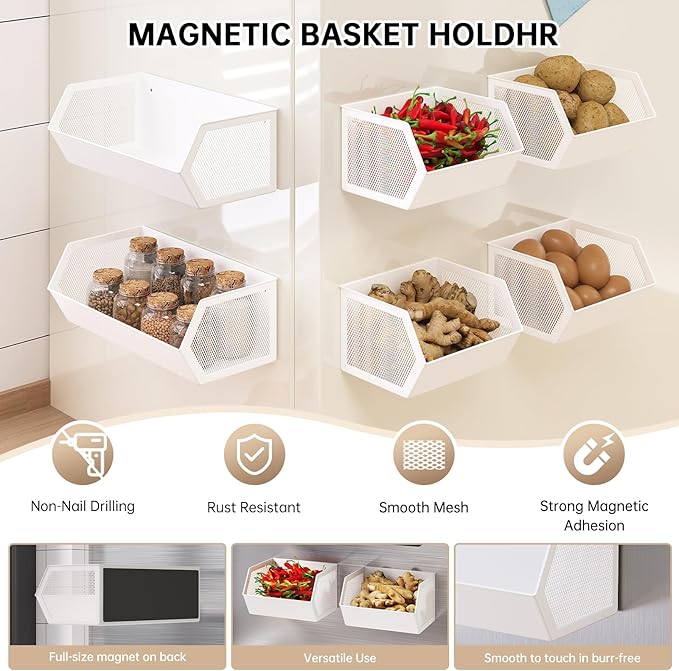 Magnetic Fruit Basket for Fridge, Magnetic Spice Rack for Refrigerator, Seasoning Organizer, Kitchen Gadgets, Refrigerator Organizers and Storage, Metal, 1 Pack (Black, Large)