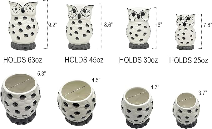 Tuscany Cute Black and White Owl 4PCs Canister Set with Lid, Kitchen Storage Jar, Food Storage Container, Airtight Storage Container With Rubber Seal