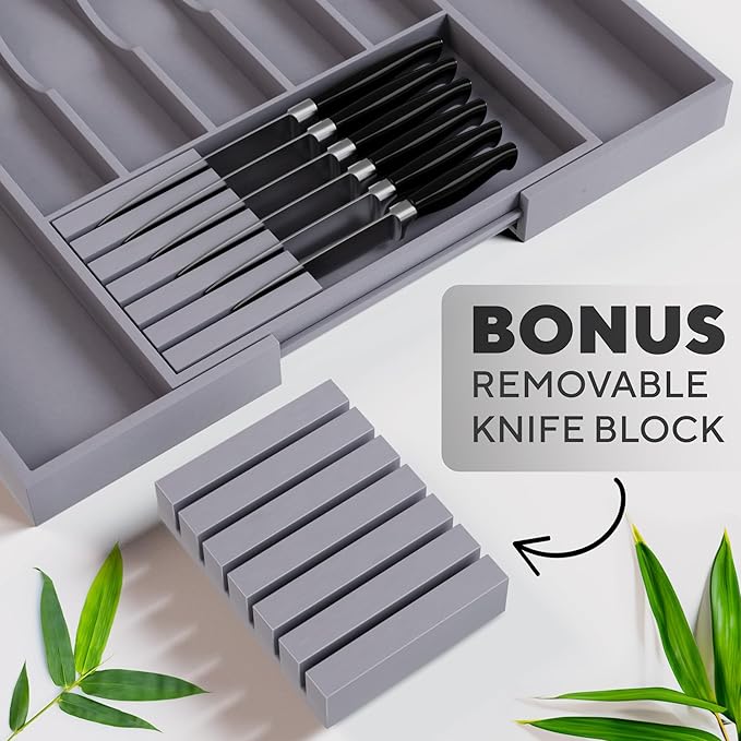 Premium Expandable Kitchen Drawer Organizer - 100% Bamboo Organizer Tray - Great for Silverware, Large Utensils, Flatware, Cutlery - 8 Compartments with Knife Block - Perfectly Fits Your Drawers