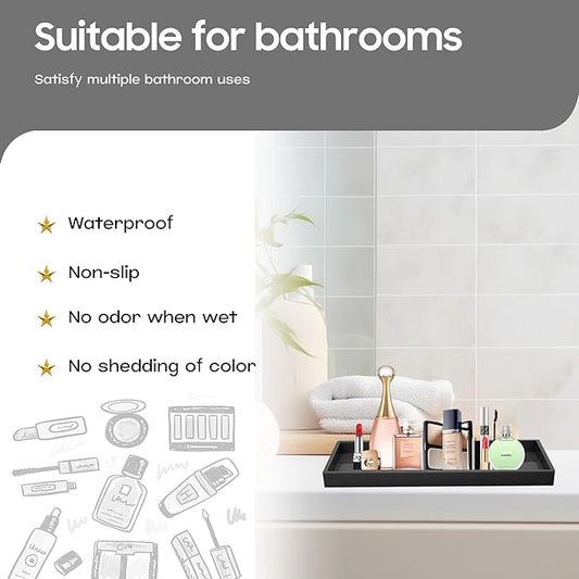 Vanity and Bathroom Tray, 15" ABS Countertop Organizer,Waterproof Vanity Tray for Toilet Tank,Perfume,Soap,Keys,Bathroom Accessories,Kitchen and Bath Trays,Non Slip Small Trays,Black,2 Pack