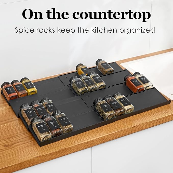 4-Tier Spice Drawer Organizer - 4 Pack Expandable Seasoning Rack (13" to 24.4") for Kitchen Drawers, Organization Insert Tray (Jars Not Included)