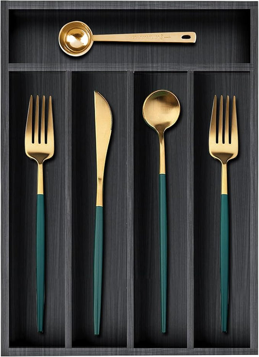 Small Kitchen Utensils Drawer Organizers Black Wooden Cutlery Tray Flatware Silverware Organizer Divider Storage Narrow Wood Silverware Utensil Tray Bamboo Cutlery Fork Spoon Holder for Drawer