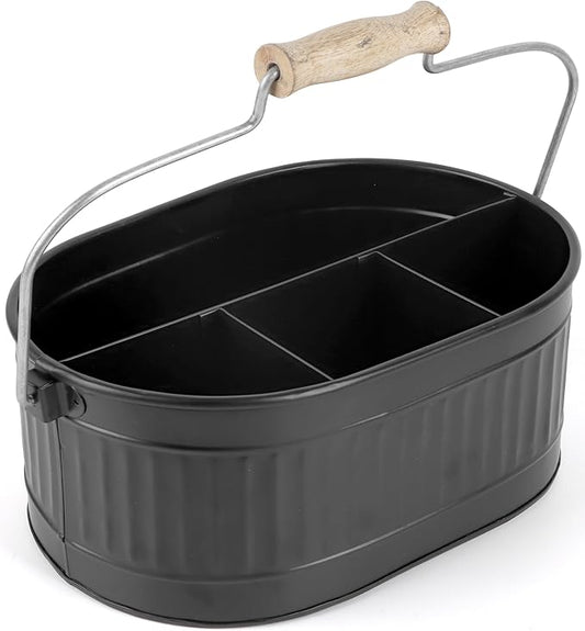 CLEENTABLE Rustic Galvanized Utensil Caddy - Farmhouse Silverware Holder for Kitchen, Dining, Picnic, Parties - Matte Black, 12-Inch, Durable Cutlery Organizer with Handle, Countertop Storage