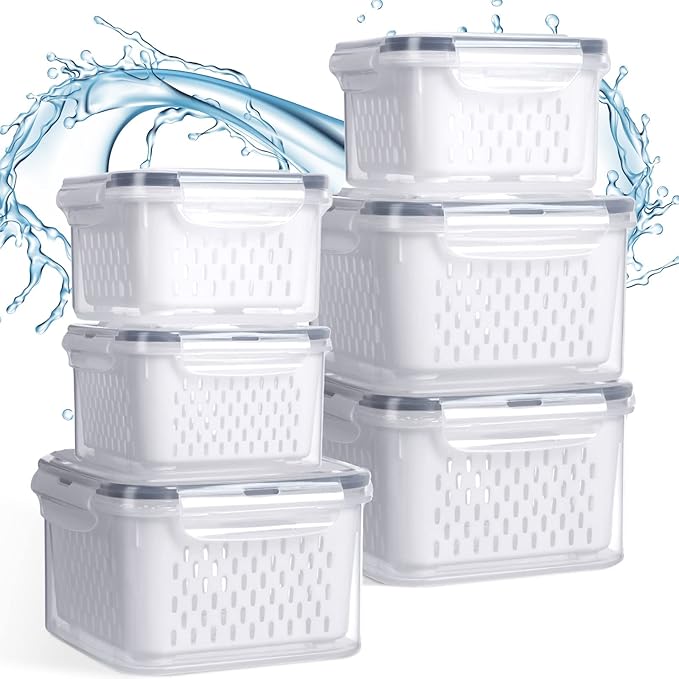 6 Pcs Fruit Storage Containers for Fridge, Food Storage Containers Berry Produce Fridge Organizer with Removable Colander Keep Fruits, Vegetable, Veggie, Meat Fresh Longer(Medium, Small)