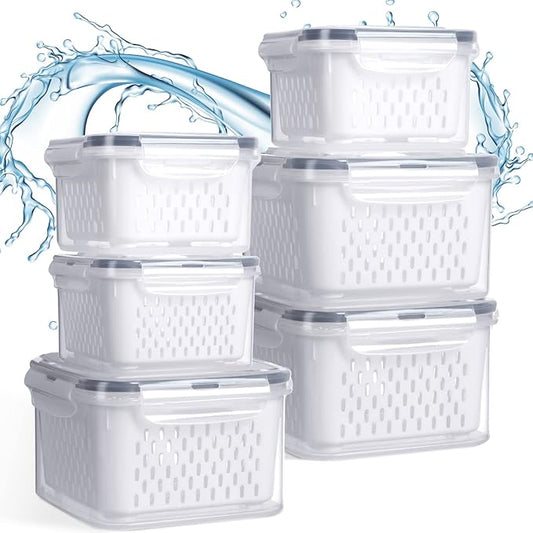 6 Pcs Fruit Storage Containers for Fridge, Food Storage Containers Berry Produce Fridge Organizer with Removable Colander Keep Fruits, Vegetable, Veggie, Meat Fresh Longer(Medium, Small)