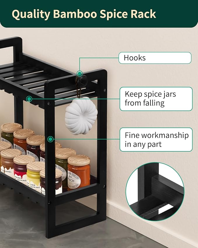 Countertop Organizer, Bamboo Spice Rack Organizer for Pantry, 2 Tier Kitchen Counter Shelf, Coffee Station Organizer,Black