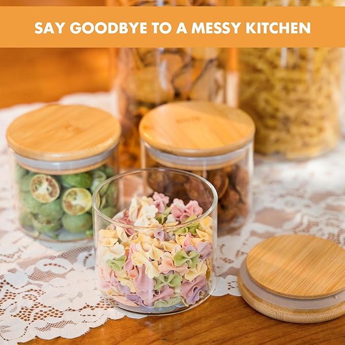 Glass Storage Jars 22oz [Set of 6],Clear Glass Food Storage Containers with Airtight Bamboo Lid Stackable Kitchen Canisters for Candy,Cookie,Rice,Sugar,Flour,Pasta,Nuts and Spice Jars