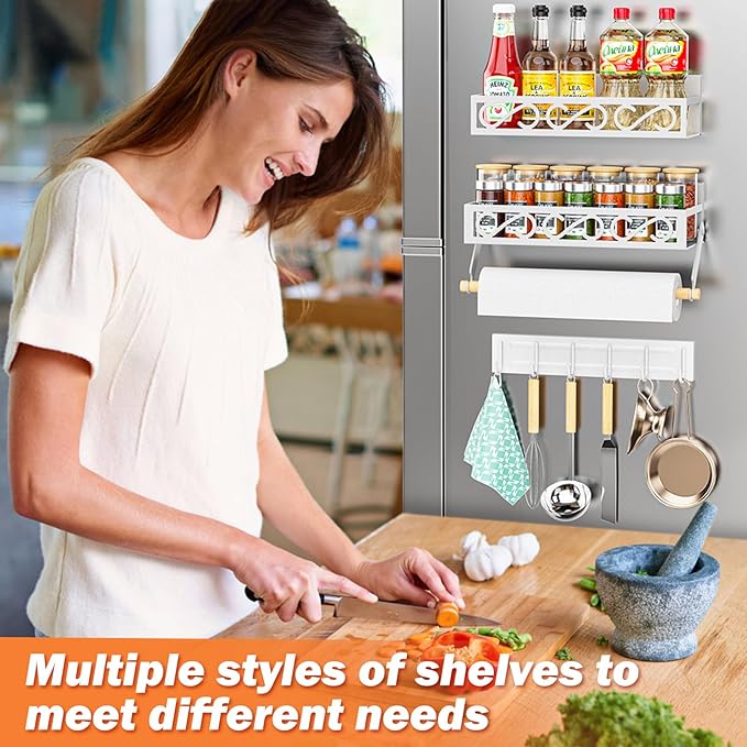 Spice Rack Magnetic for Refrigerator, 3 Pack Magnetic Spice Shelf, Moveable Fridge Organizer with 6 Hook Rack, Magnetic Fridge Seasoning Rack for Kitchen-White