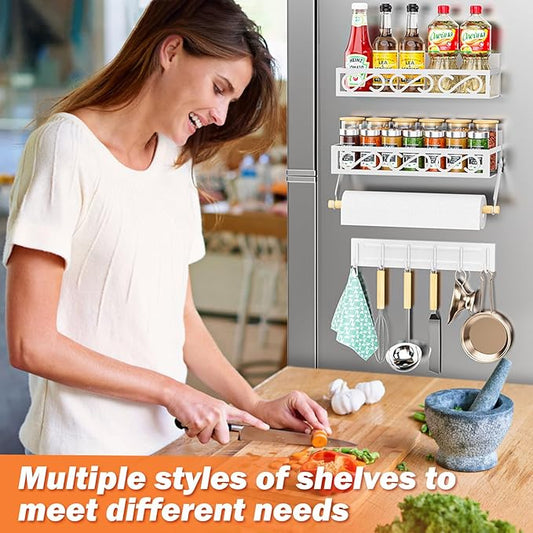 Spice Rack Magnetic for Refrigerator, 3 Pack Magnetic Spice Shelf, Moveable Fridge Organizer with 6 Hook Rack, Magnetic Fridge Seasoning Rack for Kitchen-White