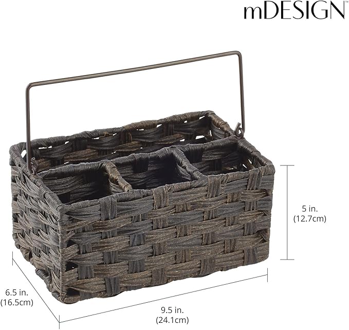 mDesign Plastic Woven Divided Cutlery Storage Organizer Caddy Tote, Basket Holder for Kitchen Table, Cabinet, Pantry, Hold Silverware, Forks, Knives, Spoons, Napkins and other Utensils, Espresso Brown