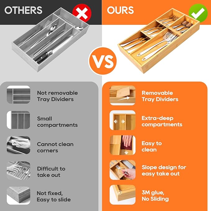 Bamboo Silverware Drawer Organizer, Removable Dividers Kitchen Utensil Drawer Organizer for Different Dimension Flatware, Spoons, Forks, Knives (Natural, 5 Slots)