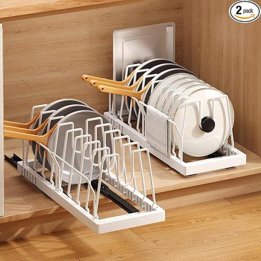 2 Pack Pots and Pans Organizer Under Cabinet, 21.6" Deep Pull Out Pot Lid Organizer Holder with Guardrail Adhesive Pot and Pan Holder Rack with 10 Adjustable Dividers(White)