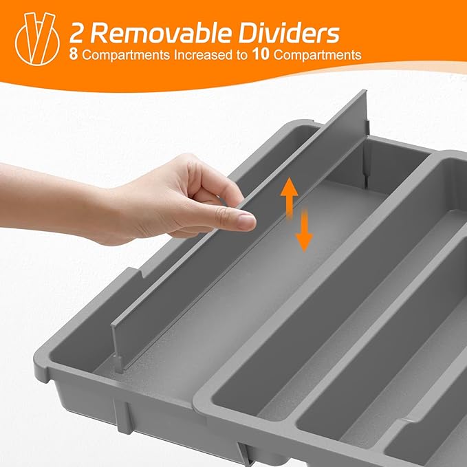 iDavosic.ly Silverware Drawer Organizer, Expandable Utensil Tray for Kitchen, Large Adjustable Plastic Cutlery Flatware Holder for Knife Fork Spoon with 8-10 Compartments, Gray