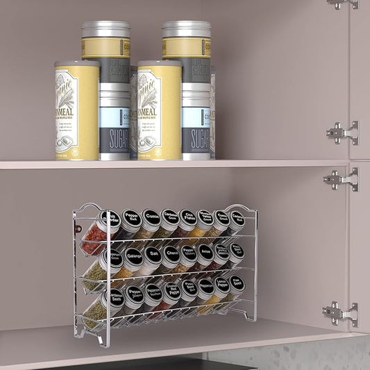 SWOMMOLY Spice Rack Organizer with 24 Empty Round Spice Jars, 396 Spice Labels with Chalk Marker and Funnel Complete Set, Spice Rack for Cabinet, Countertop or Wall Mount, Silver