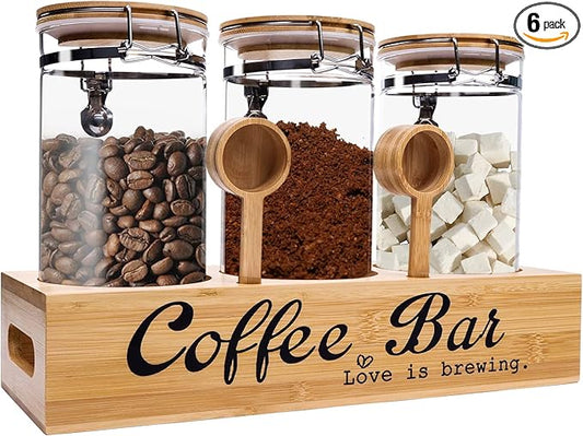 ZHAO Glass Coffee Containers with Shelf Airtight Coffee Bean Storage Jars with Locking Clamp Lid and Spoons Coffee Canister Set for Ground Coffee Sugar Tea Nuts Kitchen Food Containers