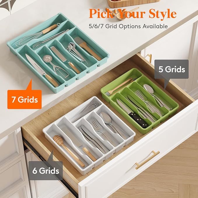 Lifewit Silverware Drawer Organizer Tray, Plastic Cutlery Storage for Kitchen Drawer, Flatware and Utensil Holder Divider for Spoons Forks Knives Tableware, 7 Compartment, Turquoise
