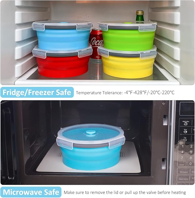 Collapsible Food Storage Containers with Airtight Lid, 40.5 oz, Kitchen Stacking Silicone Collapsible Meal Prep Container Set for Leftover, Microwave Freezer Dishwasher Safe, 4 Colors Round, Set of 4
