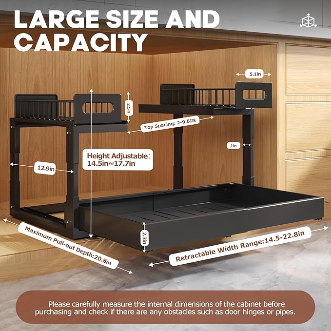 1 Pack Expandable Under Sink Organizers And Storage With Upgrade Ball-Bearing Slide Tracks,2-Tier Pull Out Under Cabinet Organizer Height Adjustable,Slide Out Under Sink Drawers-Black(Patent Pending)