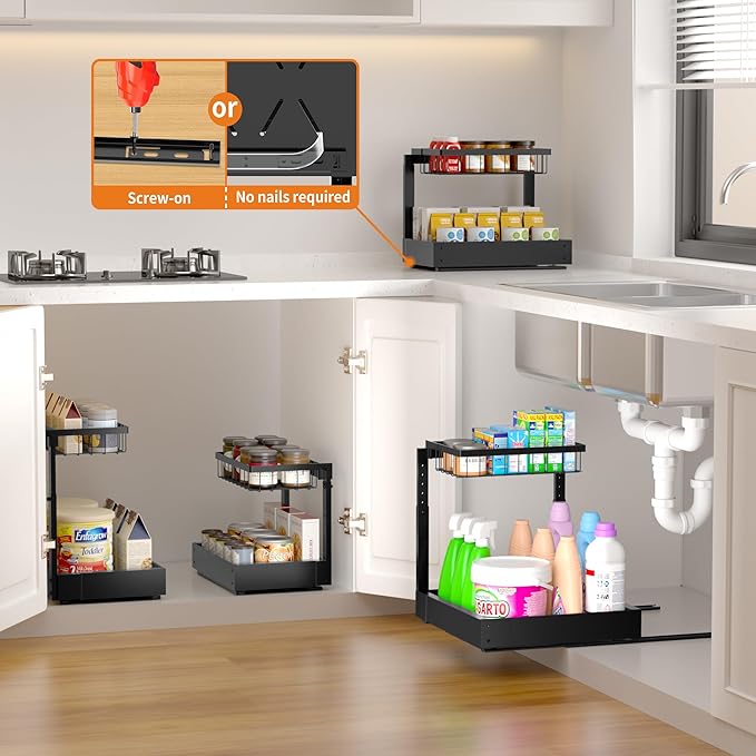 2-Pack Expandable Under Sink Organizers and Storage, 2-Tier Adjustable Pull-Out Cabinet Organizers, Slide-Out Shelves with Width (9.9"-15.7") & Height (11.6"-15.6") for Kitchen & Bathroom