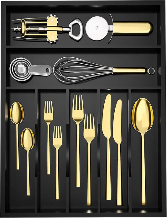 Utensil Organizer Silverware Drawer Organizer - 7 Slots Bamboo Silverware Tray For Kitchen Cutlery Office Supplies Makeup Desk Storage Garage Tool Organization W13”x L17” (Black)