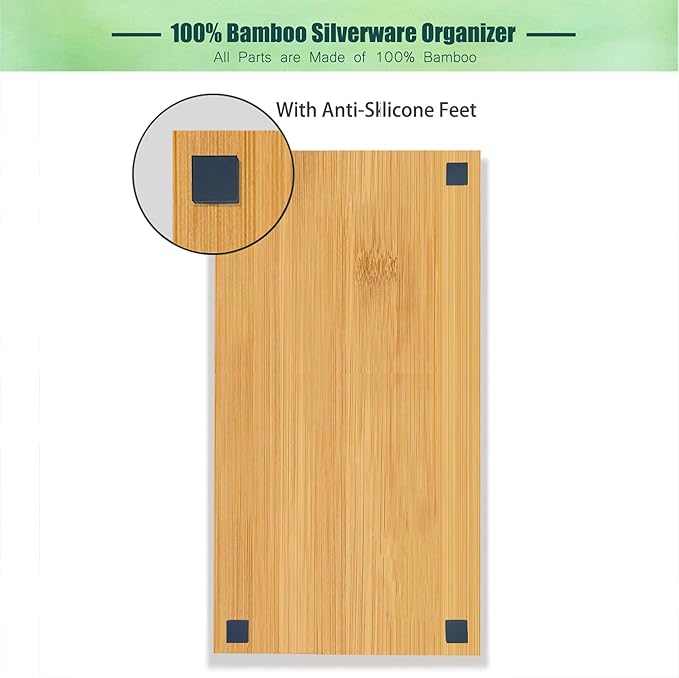 Bamboo Kitchen Drawer Silverware Organizer, 7 Inch Silverware Utensils Tray Holder for Small Drawer, Wood Caddy for Flatware Cutlery Knives 4-Slots