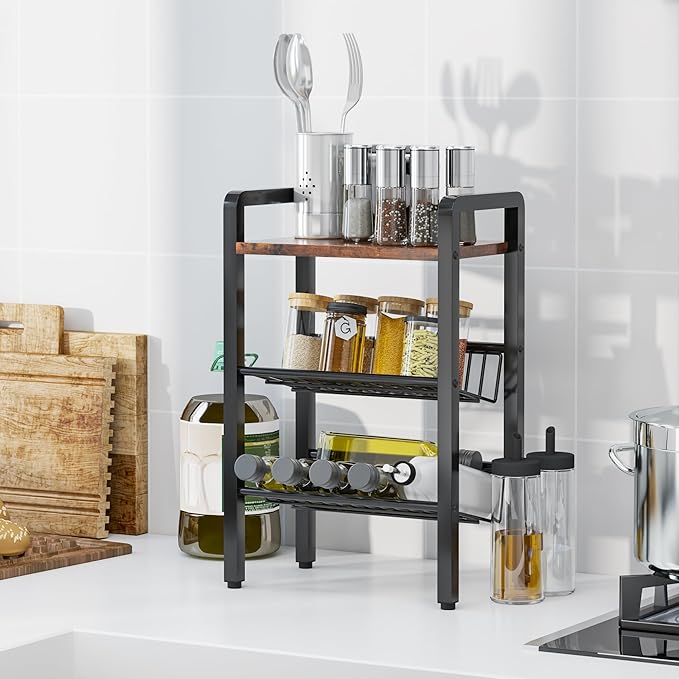 3 Tier Kitchen Countertop Organizer-Shelf -Coffee Shelf with Slanted Metal Mesh & Wood Board, Multi-Functional Spice Rack for Coffee, Bar, Office