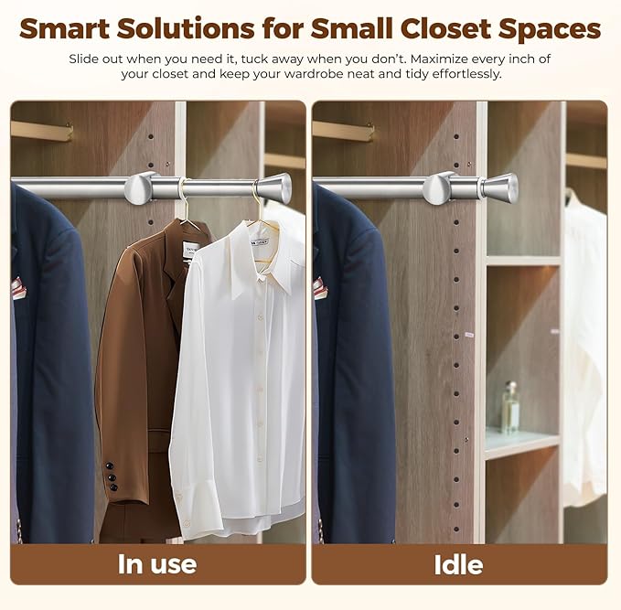 12" Pull-Out Valet Rod for Closet Organization, Add Extra Hanging Space 304 Stainless Steel Closet Rods, Space-Saving Design for Small Closets,Silver