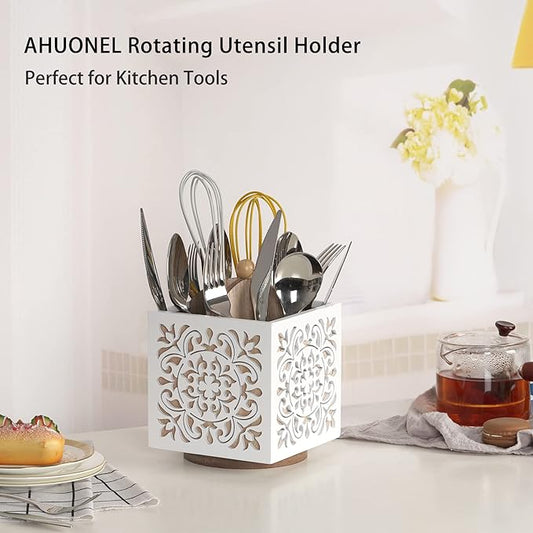 Rotating Utensil Holder for Kitchen Counter, Wood Utensil Organizer Silverware Organizer Rustic Cutlery Holder Utensil Crock, White Flatware Organizer Utensil Caddy for Forks, Spoons, Knives
