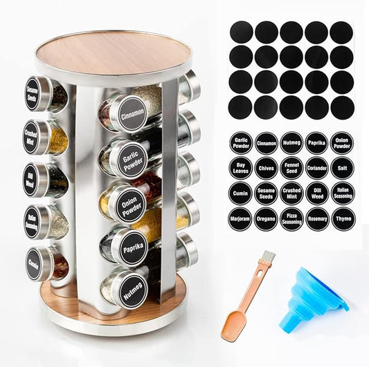 Spice Rack, 20 Jars Rotating Spice Rack, Spice Jars with Label, Stainless Steel Spice Rack Organizer for Cabinet, Spice Organizer, Seasoning Organizer, Revolving Spice Rack Carousel
