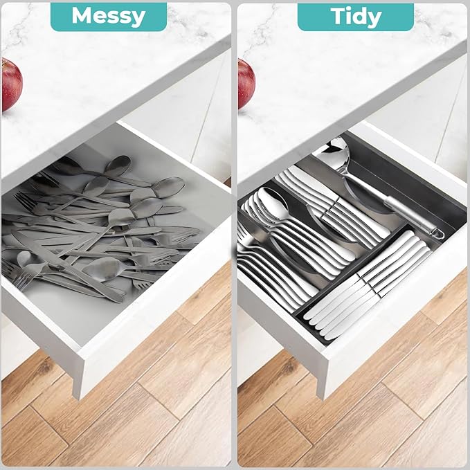 Bamboo Kitchen Drawer Organizer, Silverware Utensil Tray Holder, Extra Deep Grooved Drawer Divider, 5 Slots Total Bamboo Wood Caddy for Flatware Cutlery Knives, Forks, Spoons Eco-Friendly