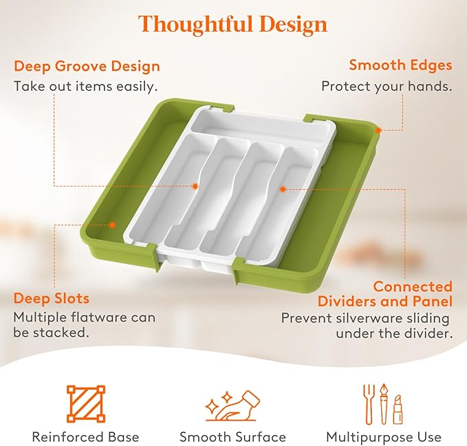 Lifewit Silverware Drawer Organizer, Expandable BPA Free Utensil Tray for Kitchen, Adjustable Flatware and Cutlery Holder for Spoons Forks Knives, Plastic Kitchen Organizers and Storage, Green&White
