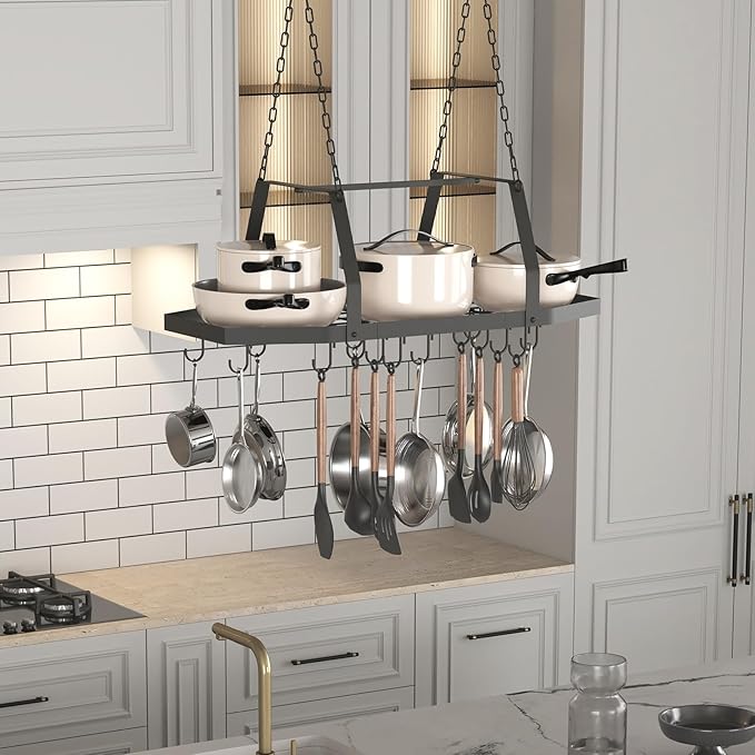 Hexagon Ceiling Pot Rack Hanging Pan Rack Hanging with 15 Hooks, 34" Metal Hanging Pots and Pans Ceiling Mount Organizer Rack, Pot and Pan Hangers for Kitchen Cookware Utensils