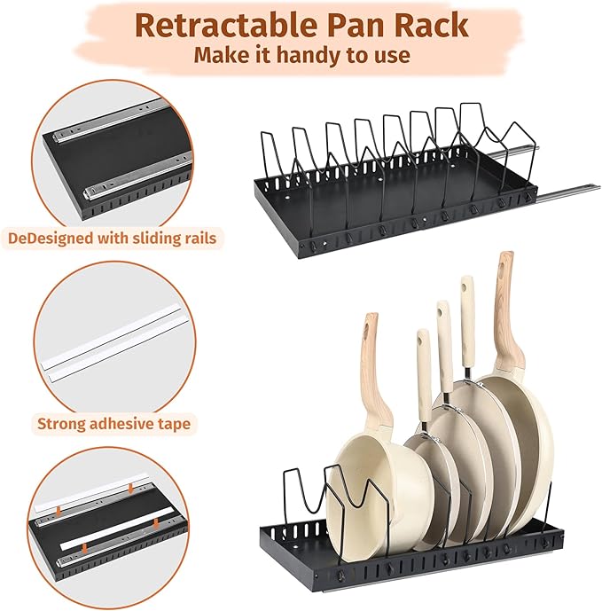 Kitchen Pots and Pans Organizer for Under Cabinet,Retractable Pot Lid Organizer with 8 Adjustable Compartment,17'*8.3" in Pot Rack for Kitchen Storage