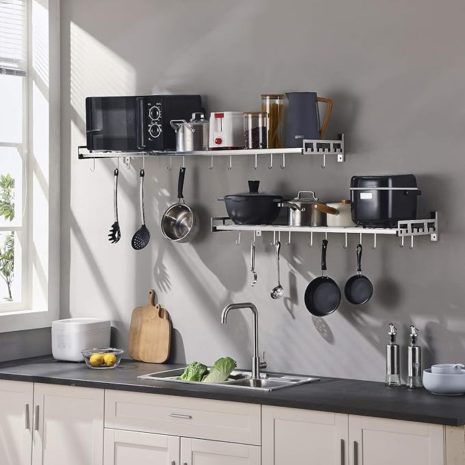 Wall Mounted Pots and Pans Rack with 16 Hooks, Stainless Steel Wall Shelf for Kitchen Bathroom Bedroom Pantry (36" by 12")