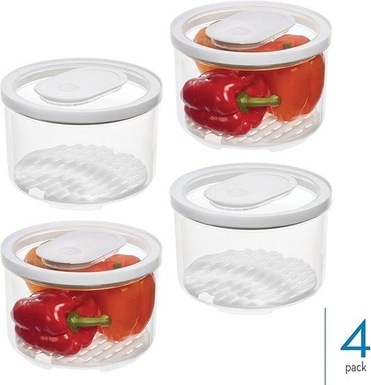 iDesign Round Fridge Produce Bin with Removable Drainage Tray and Lid - Set of 4 - Clear