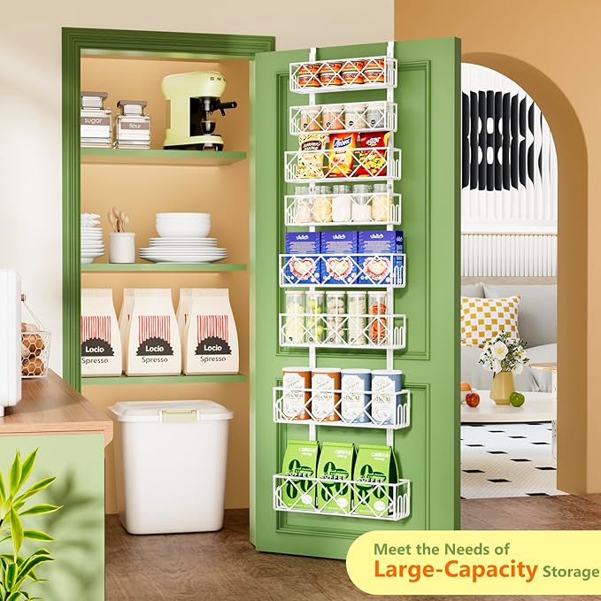 Over the Door Pantry Organizer 8-Tier Adjustable Baskets Hanging Spice Door Rack Narrow - 13.78" W x 65.16" H Behind the Door Storage for Kitchen, Bathroom, and Closet Organization-White