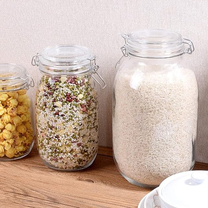 100oz/3000ml Glass Kitchen Storage Canister, Sealed Glass Jars with Lids, Airtight Glass Canister with Hinged Lid, Perfect for Kitchen Canning Cereal/Pasta/Sugar/Beans -Set of 2