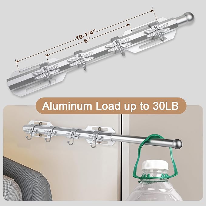 12" Valet Rod for Closet Pull Out with 4 Dragonfly-shaped Hooks, Silver