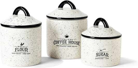 American Atelier Canister Set 3-Piece Ceramic Jars in Small, Medium, Large with Airtight Lids for Cookies, Candy, Coffee, Flour, Sugar, Rice, Pasta, Cereal & More (Hometown Coffee House)