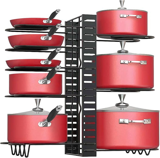 Podxco Pot and Pan Organizer for Under Cabinet, 8 Tiers Adjustable Pan Organizers Inside Cabinet with 3 DIY Methods, Upgrade of Pan Organizer Balance Ability, Kitchen Pan Rack Organizer for Cabinet
