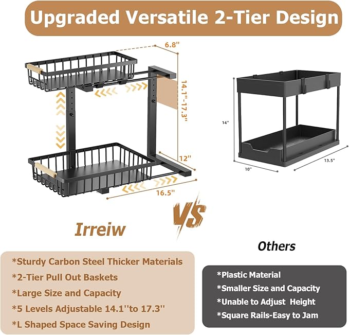2 Pack Under Sink Organizer, Metal Slide Out Under Sink Organizers and Storage Shelves, Height Adjustable Pull Out Under Cabinet Organizer, Under Sink Storage for Kitchen, Bathroom (Black)