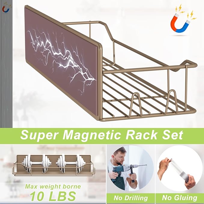 Magnetic Spice Rack for Refrigerator, 2 Pack Strong Magnet Spice Organizer Shelves with Hooks, Magnetic Fridge Shelf for Kitchen Organization and Storage, Seasoning Organizer Gadgets (Brown)
