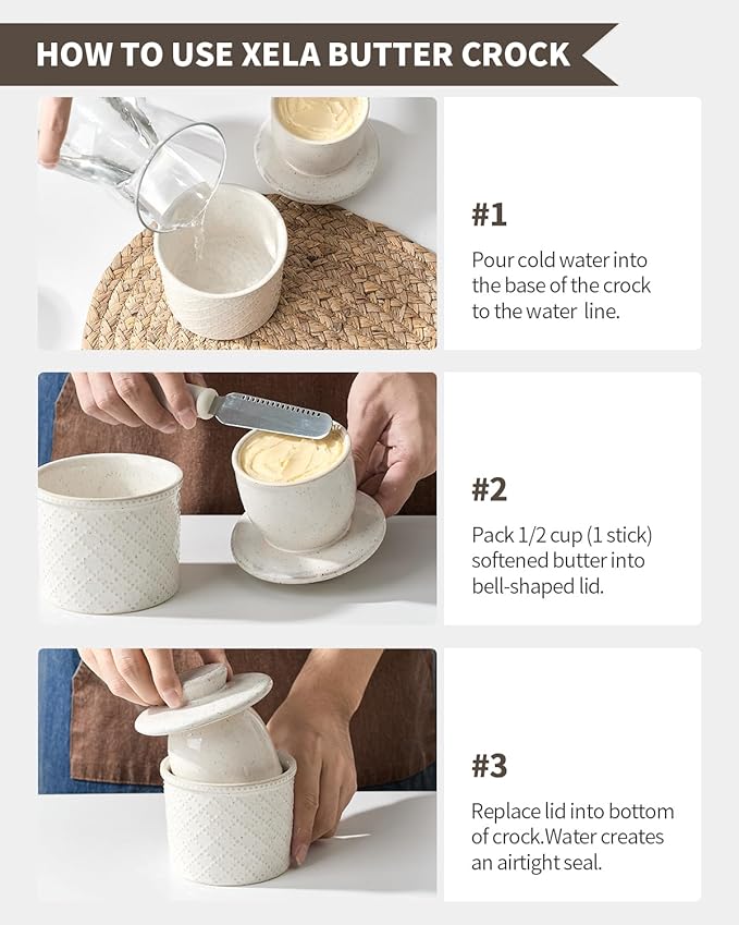 XELA - Ceramic Butter Crock - Butter Dish with Lid for Countertop - Keep Your Butter Perfectly Spreadable 24/7 - Embossed - Speckled White