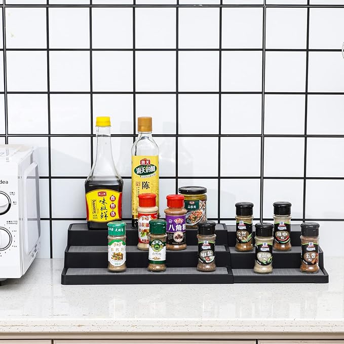 YCOCO 3-Tier Expandable Spice Rack Step Modern Design Waterproof and Non Skid Shelf Kitchen Organizer for Pantry Cabinet or Countertop Use,Black