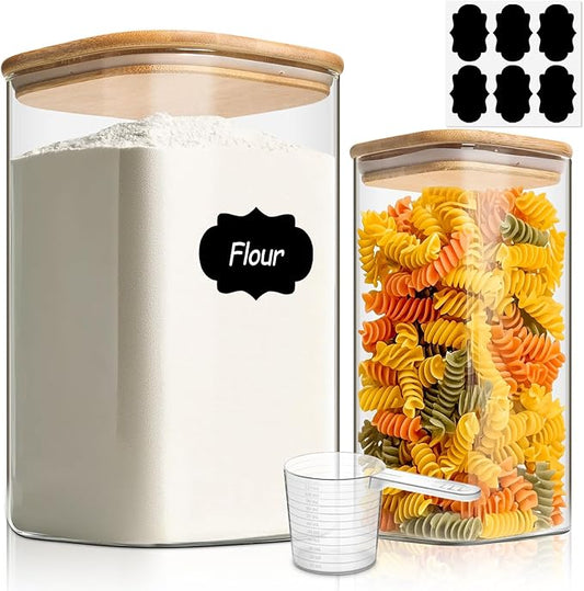 ComSaf Glass Pantry Storage Containers, 148/51 oz Large Square Flour and Sugar Containers with Airtight Lids, Gallon Glass Jars with Bamboo Lids for Rice, Pasta, Cookies, Coffee Beans